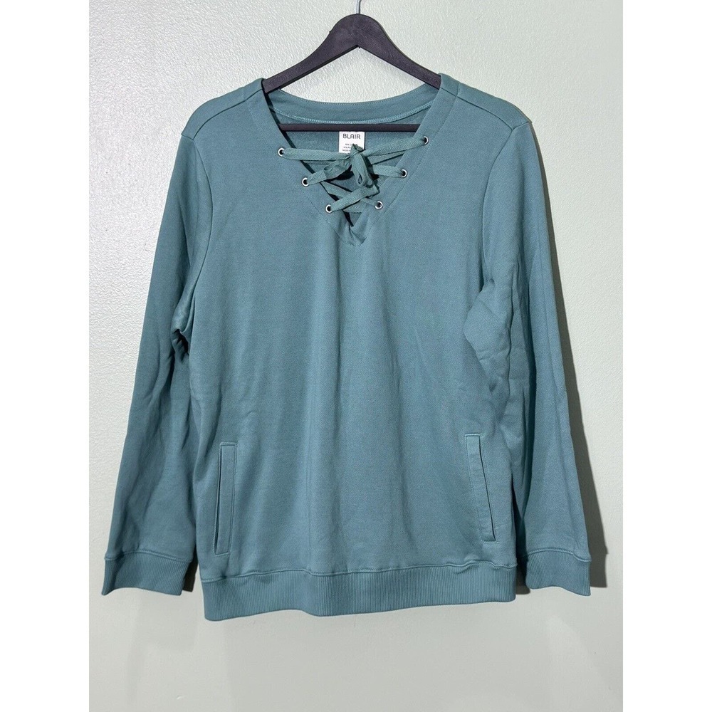 Blair Sweater Sweatshirt Size L Lace Up V Neck Blue Pockets Casual Comfo…